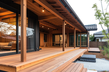Home photorealistic wooden house with timber structure 1